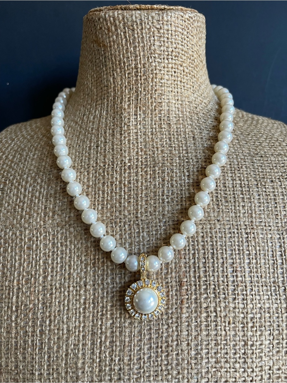 Classic Pearl Necklace with Gold & Crystal Pendant .